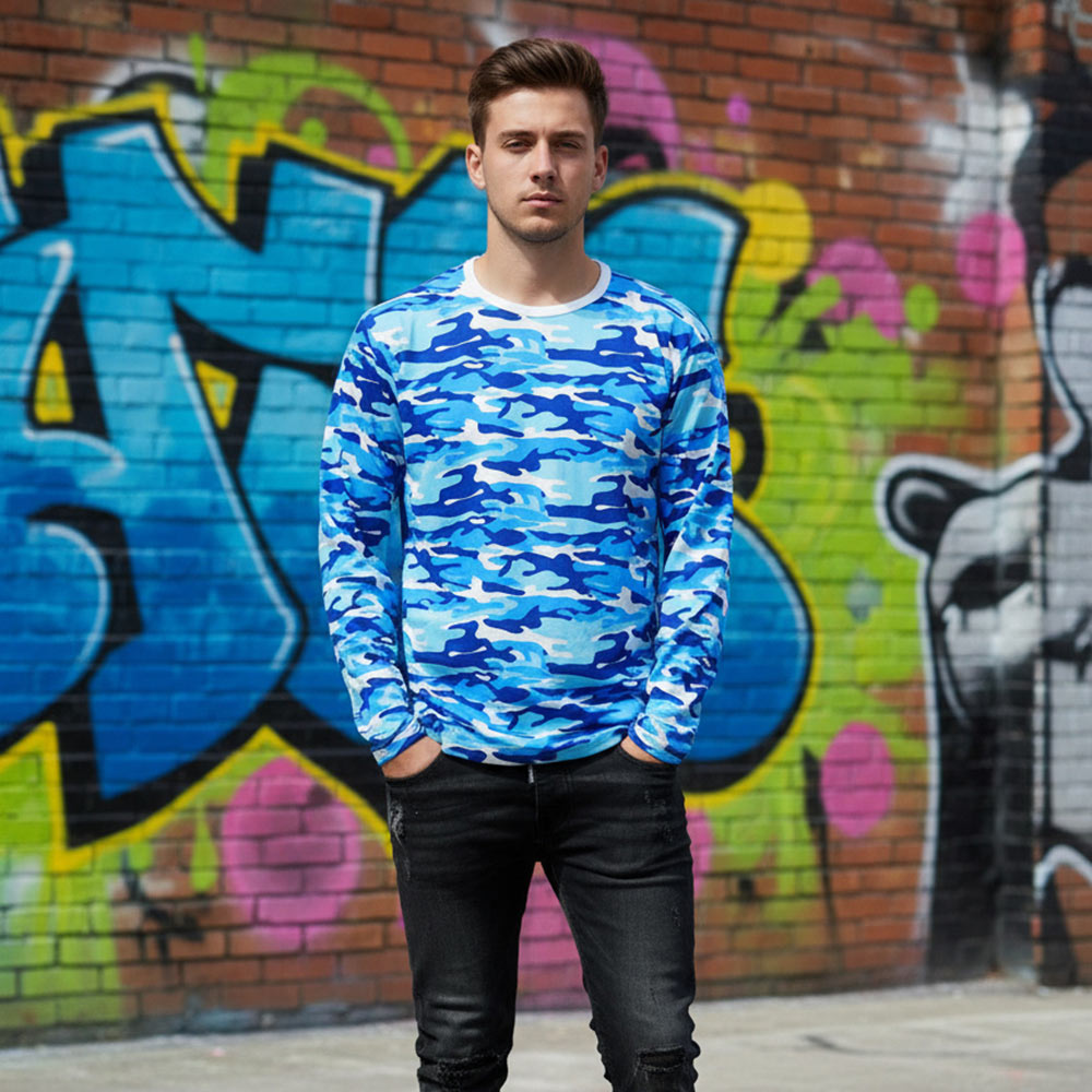 Тениска с Дълъг ръкав - Синьо бял камуфлаж Тениска с Дълъг ръкав - Синьо бял камуфлаж