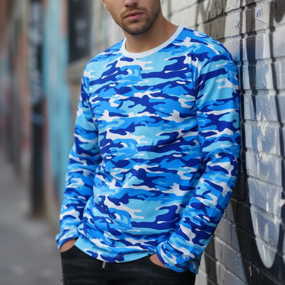 Тениска с Дълъг ръкав - Синьо бял камуфлаж Тениска с Дълъг ръкав - Синьо бял камуфлаж