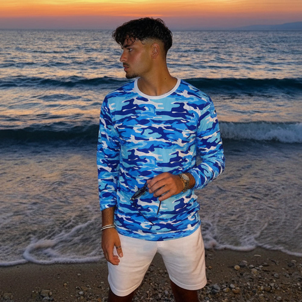 Тениска с Дълъг ръкав - Синьо бял камуфлаж Тениска с Дълъг ръкав - Синьо бял камуфлаж