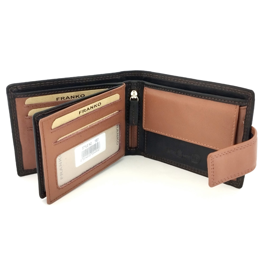 Кожен портфейл с двоен кафяв шев със закопчаване