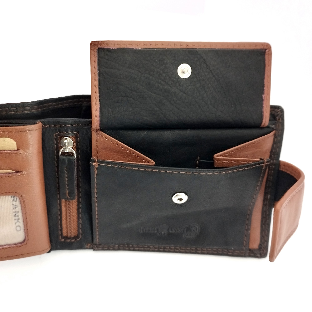 Кожен портфейл с двоен кафяв шев със закопчаване