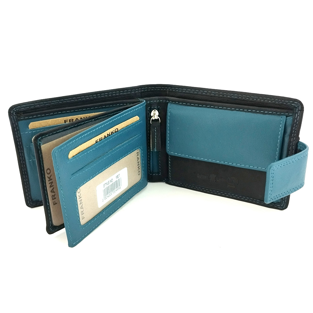 Кожен портфейл с двоен син шев със закопчаване