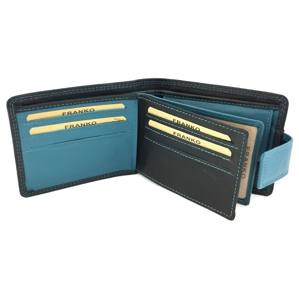 Кожен портфейл с двоен син шев със закопчаване