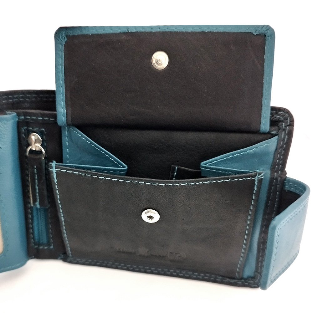 Кожен портфейл с двоен син шев със закопчаване